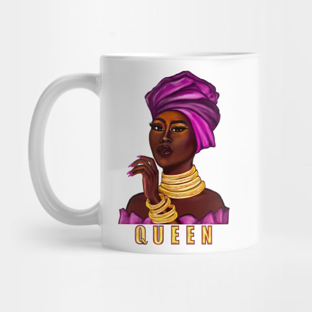 Queen - yass queen - Black is beautiful black girl with Gold bangles, neck ring necklace, purple dress and head wrap, brown eyes and dark brown skin ! by Artonmytee